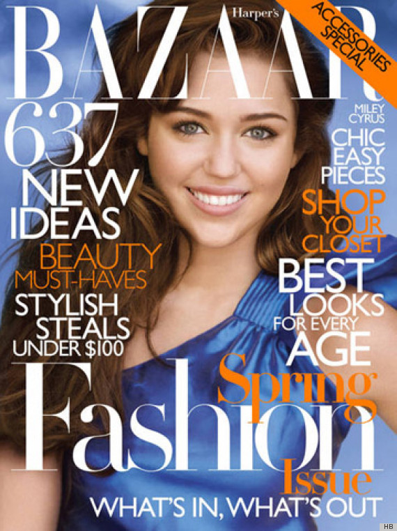 Miley Cyrus with her hair extensions on front cover of Harpers Bazaar in 2010